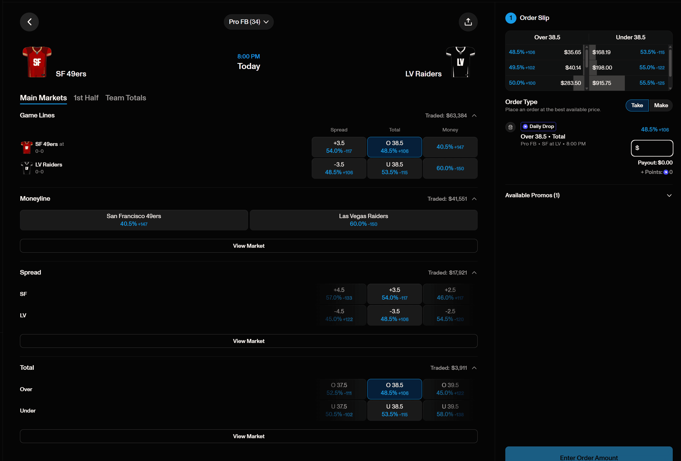 Novig game lines for SF 49ers at LV Raiders with OddsDisplay showing American odds such as -117, +106, and -150 next to each native probability price across spread, total, and moneyline markets.